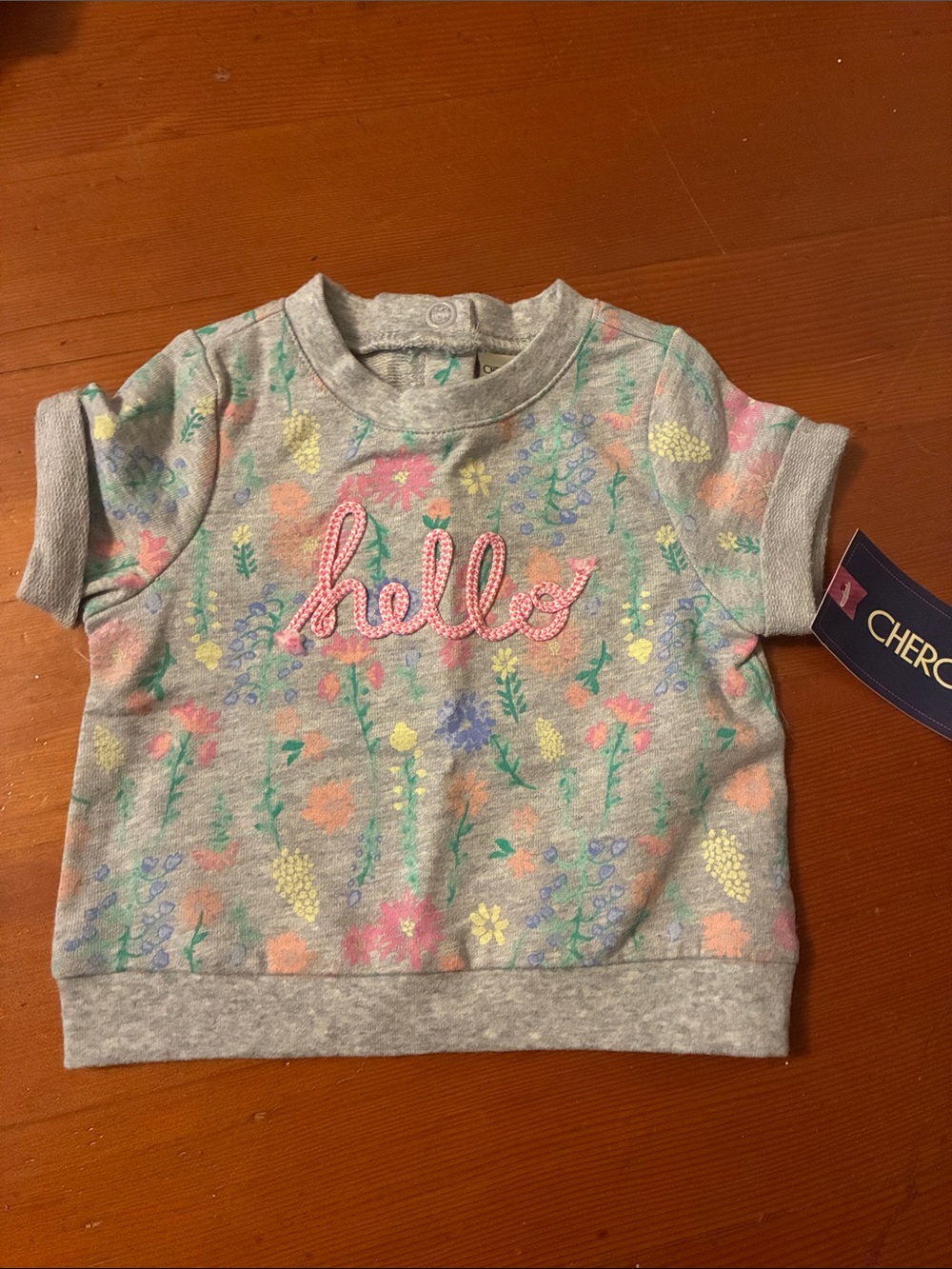 Cherokee Gray Short Sleeve Sweatshirt with Pink "hello" and Pastel Floral